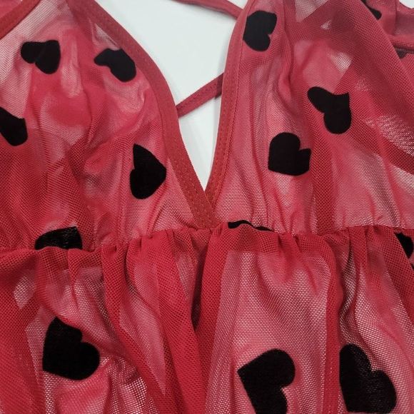 Heart Print Ruffle Mesh Slip Lingerie - Picture 5 of 7